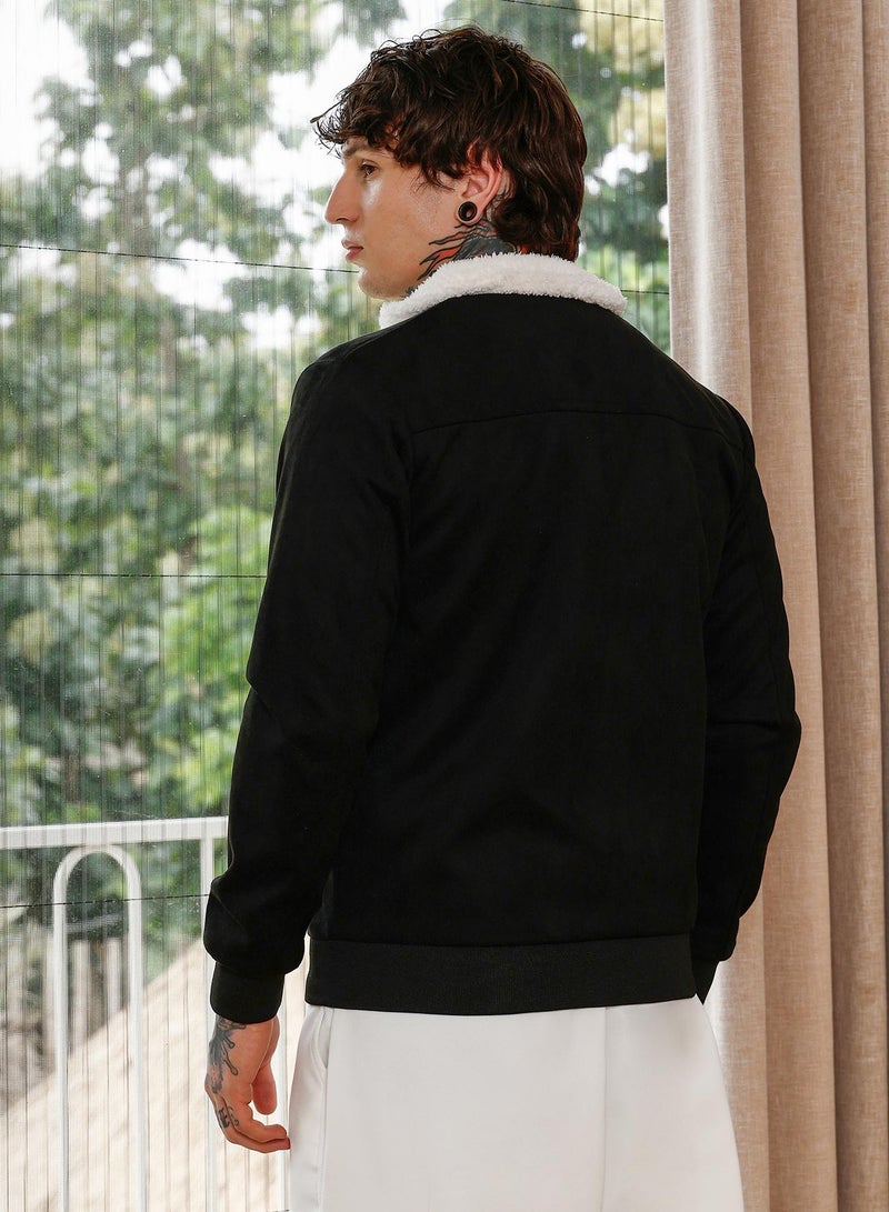 Campus Sutra Men's Contrast Sherpa-Lined Suede Bomber Jacket | Point Collar , Long Ribbed Cuff Sleeves , Zipper Closure , Ribbed-Straight Hem | Solid Woven Textured For Casual & Daily | Raven Black - Image 5
